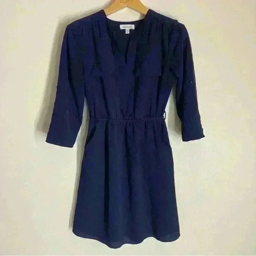 Monteau Navy Blue Long Sleeve V-Neck Dress